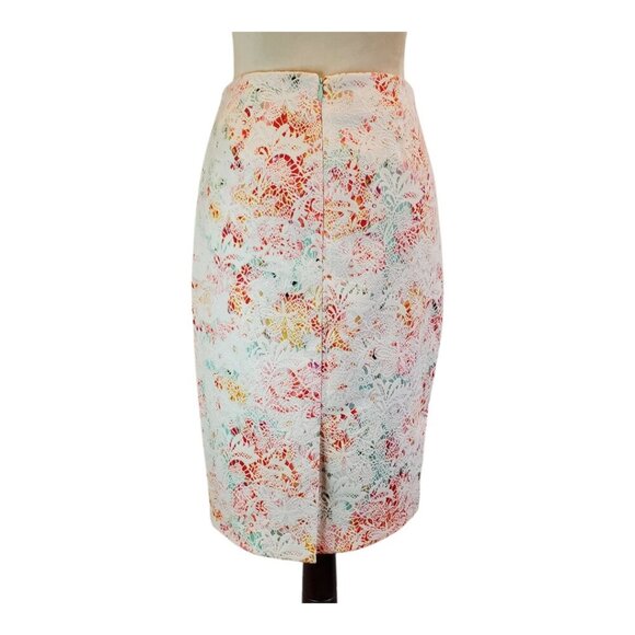 ATTENTION SZ 2 Textured Floral Print Midi Pencil Skirt White Green Red Yellow - Picture 4 of 6